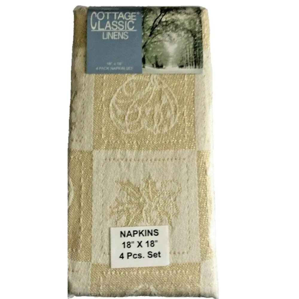 Christmas Napkins Set Of 4 Reindeer Angels Gold Jacquard Textured Woven 18x18
